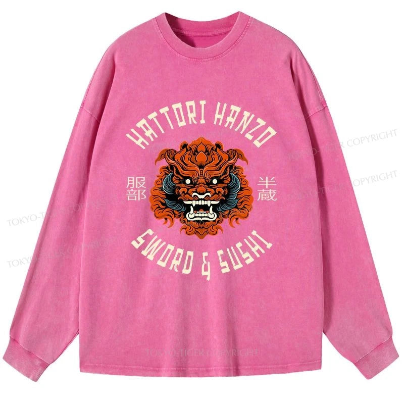 Tokyo-Tiger Japanese Hattori Hanzo Prints Washed Long Sleeve T-Shirt