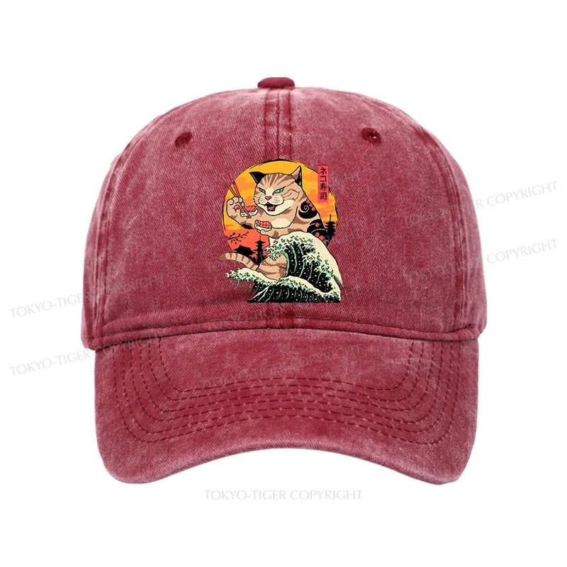 Tokyo-Tiger CatZilla Eating Sushi Japanese Wave Washed Cap