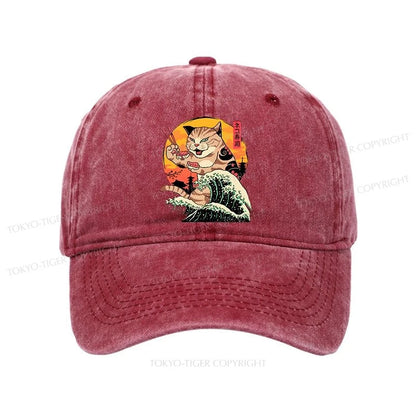 Tokyo-Tiger CatZilla Eating Sushi Japanese Wave Washed Cap