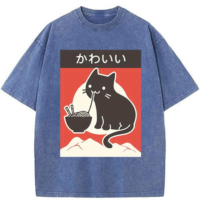 Tokyo-Tiger Kawaii Vintage Ramen Cat Washed T-Shirt