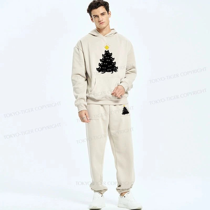 Tokyo-Tiger Black Cat Christmas Tree Fleece Lined Hoodie Set