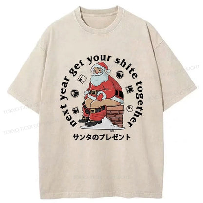 Tokyo-Tiger Funny Santa Claus Pooping Down The Chimney Washed T-Shirt