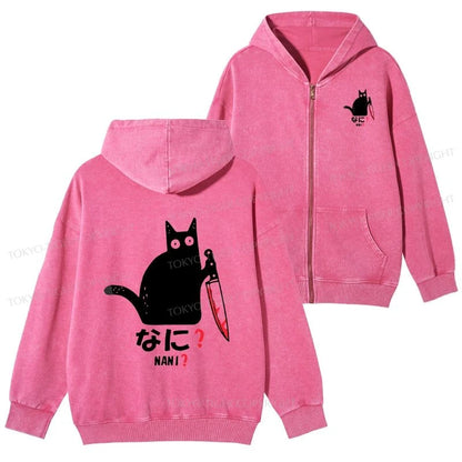 Tokyo-Tiger A Puzzled Cat Holding A Knife Washed Zip Hoodie