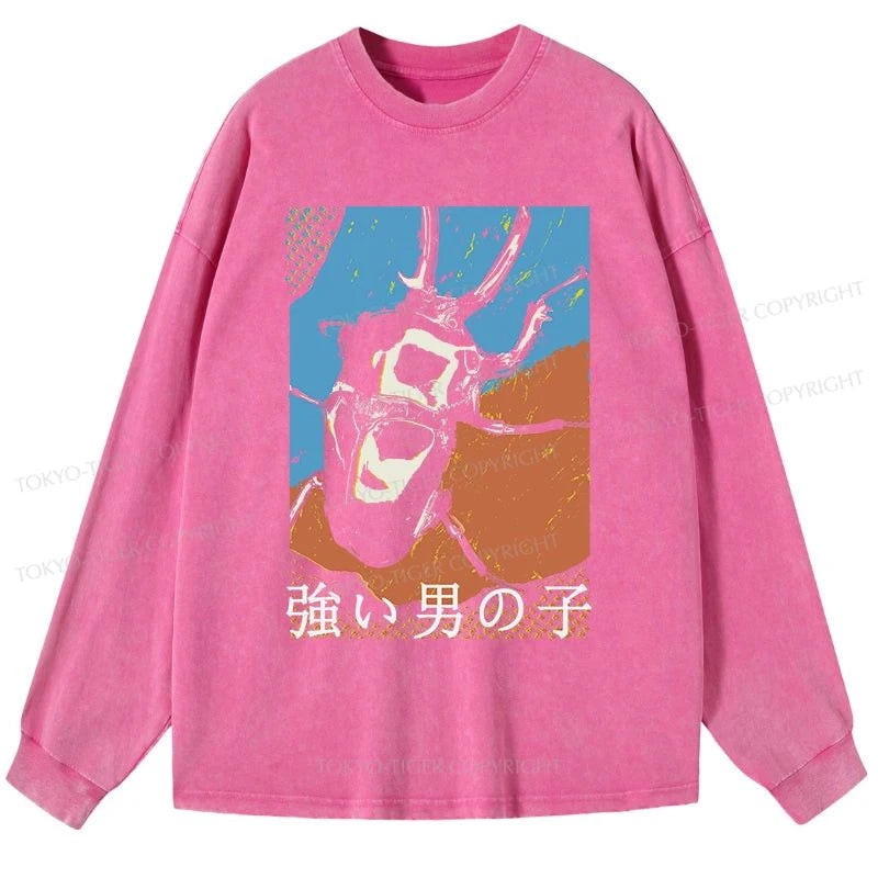 Tokyo-Tiger Strong Beetle Japanese Washed Long Sleeve T-Shirt