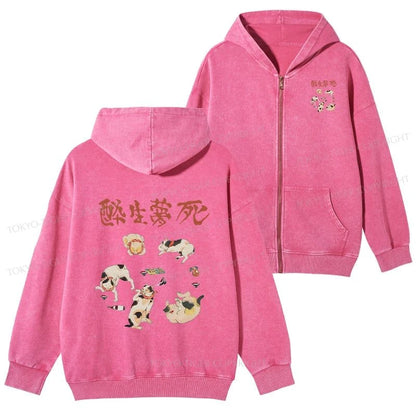 Tokyo-Tiger Drunken Cats Washed Zip Hoodie