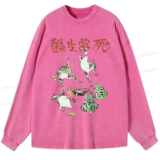 Tokyo-Tiger Japanese Frog Osake Kanji Washed Long Sleeve T-Shirt