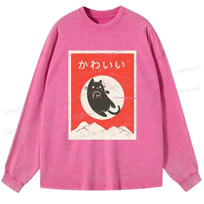 Tokyo-Tiger Cute Black Cat Japanese Washed Long Sleeve T-Shirt