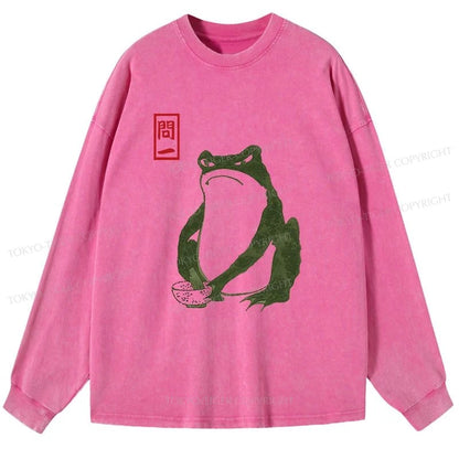 Tokyo-Tiger Woodblock Print Frog Washed Long Sleeve T-Shirt