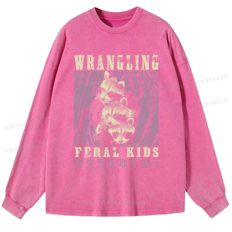 Tokyo-Tiger Wrangling Feral Raccoon Kids Washed Long Sleeve T-Shirt