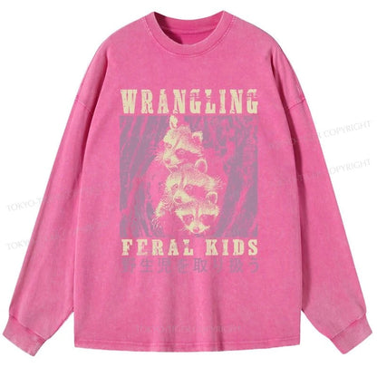 Tokyo-Tiger Wrangling Feral Raccoon Kids Washed Long Sleeve T-Shirt