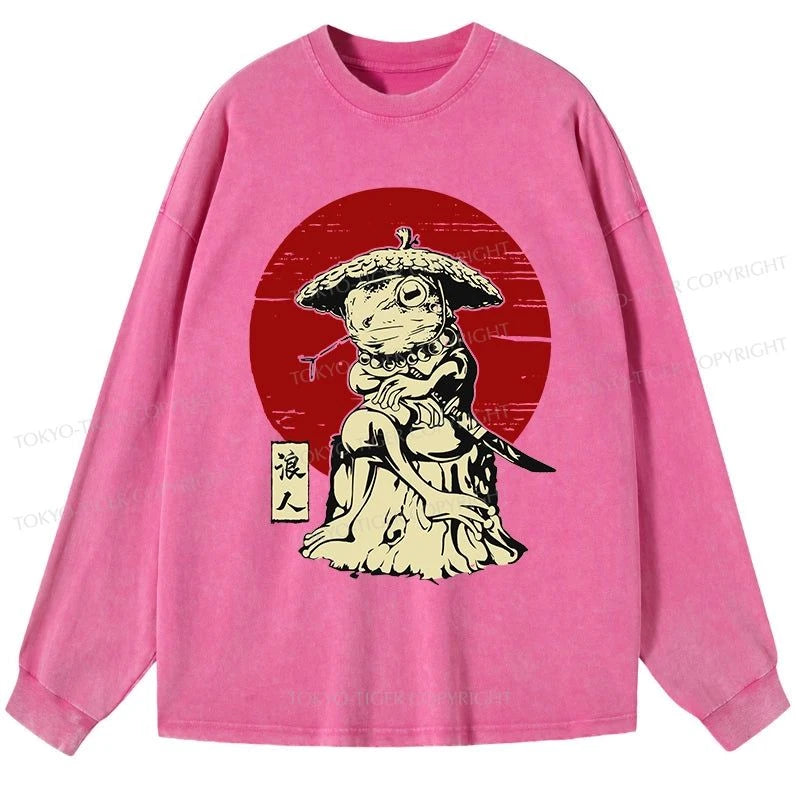 Tokyo-Tiger Rounin Japanese Frog Samurai Washed Long Sleeve T-Shirt