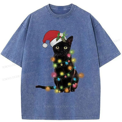 Tokyo-Tiger Cute Black Cat Christmas Washed T-Shirt