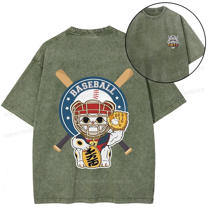 Tokyo-Tiger Janpaese Baseball Cat Front Back Washed T-Shirt