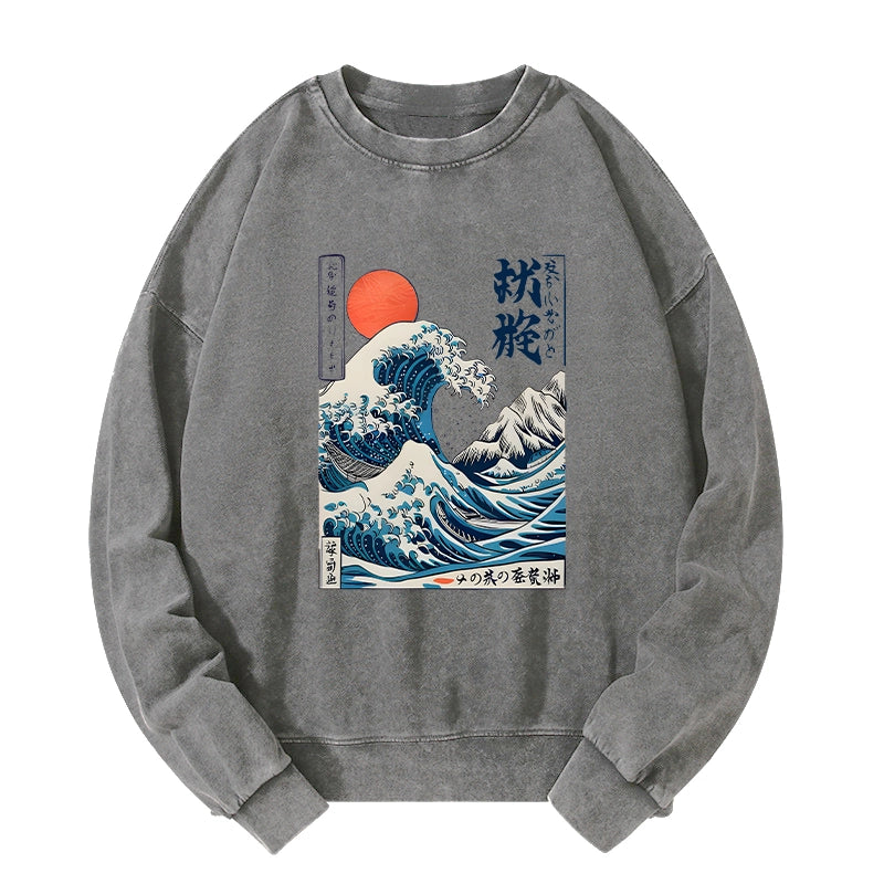 Tokyo-Tiger Ukiyo-e Ocean Waves Japan Washed Sweatshirt