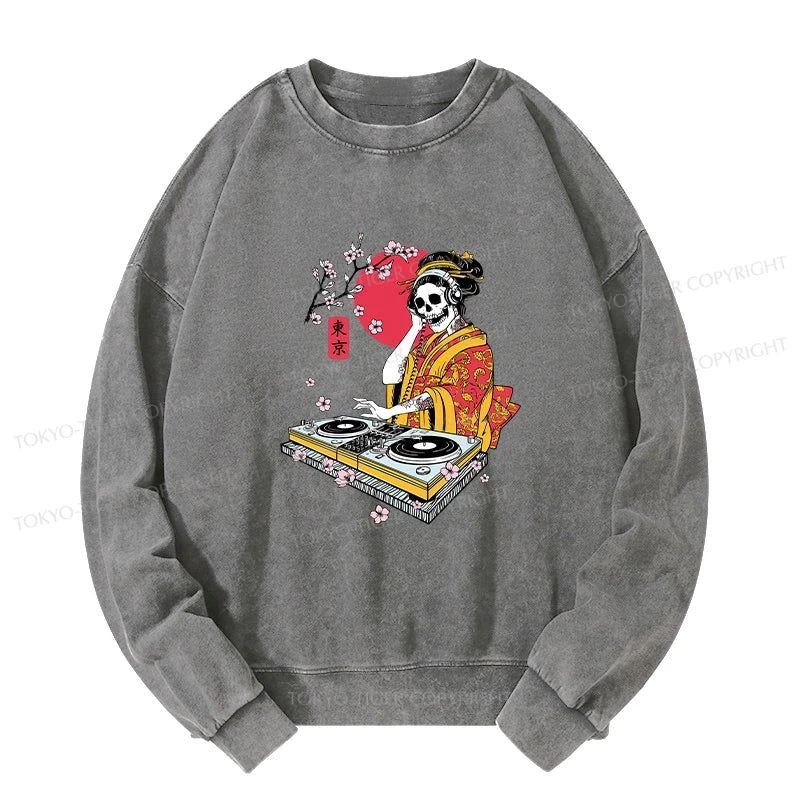 Tokyo-Tiger Japanese Geisha DJ Skull Washed Sweatshirt