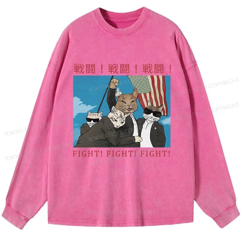 Tokyo-Tiger Fight Cat Japanese Washed Long Sleeve T-Shirt