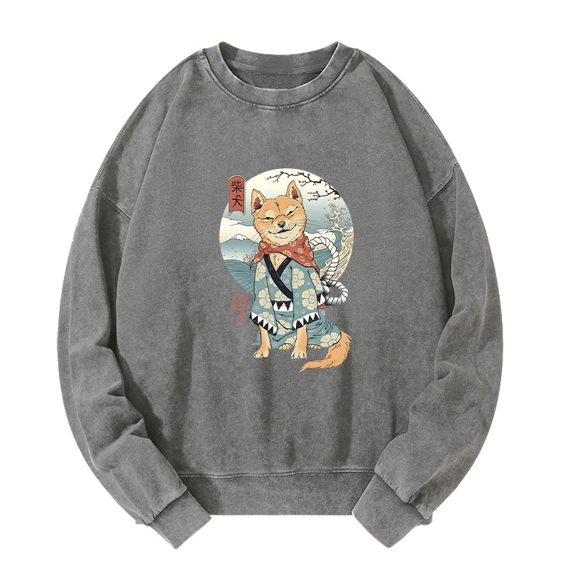 Tokyo-Tiger Samurai Shiba Dog Japanese Washed Sweatshirt