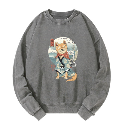 Tokyo-Tiger Samurai Shiba Dog Japanese Washed Sweatshirt