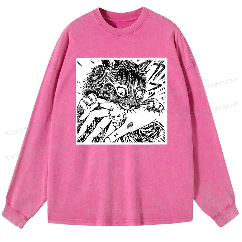 Tokyo-Tiger Creepy Cat Anime Horror Anteater Washed Long Sleeve T-Shirt