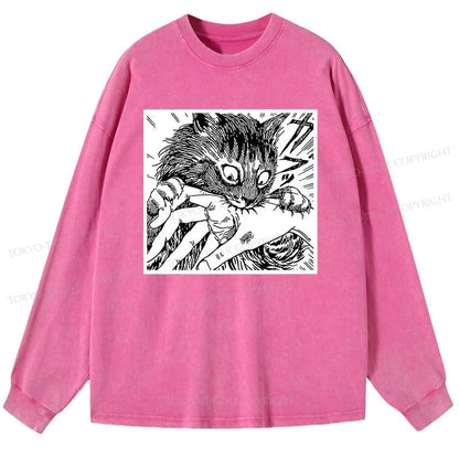 Tokyo-Tiger Creepy Cat Anime Horror Anteater Washed Long Sleeve T-Shirt