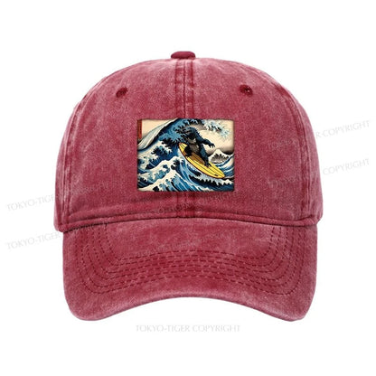 Tokyo-Tiger Dinosaur Surfing Japanese Washed Cap