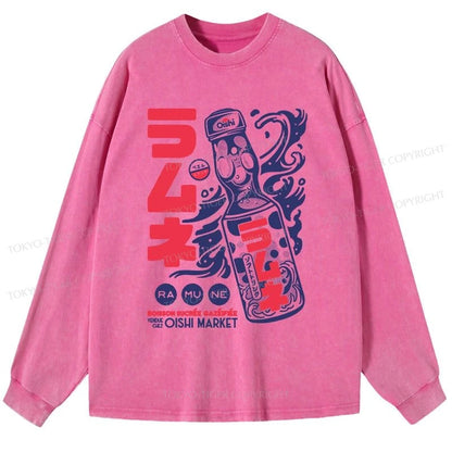 Tokyo-Tiger Ramune Print Japanese Washed Long Sleeve T-Shirt