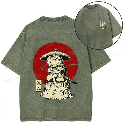 Tokyo-Tiger Rounin Japanese Frog Samurai Front Back Washed T-Shirt