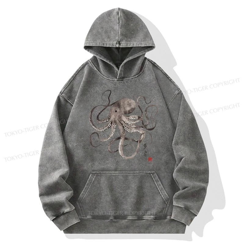 Tokyo-Tiger Octopus Japanese Calligraphy Washed Hoodie