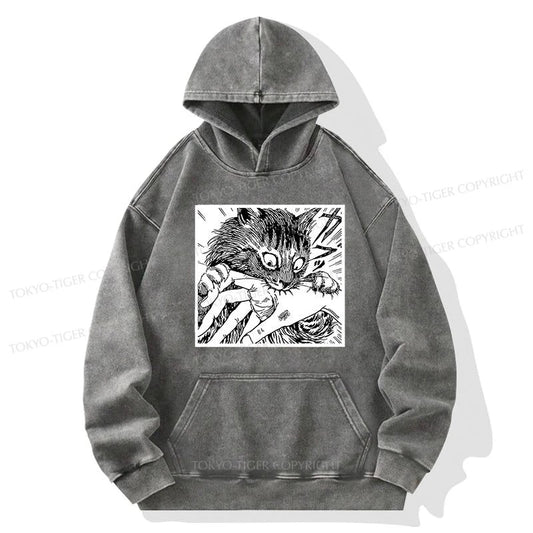 Tokyo-Tiger Creepy Cat Anime Horror Anteater Washed Hoodie