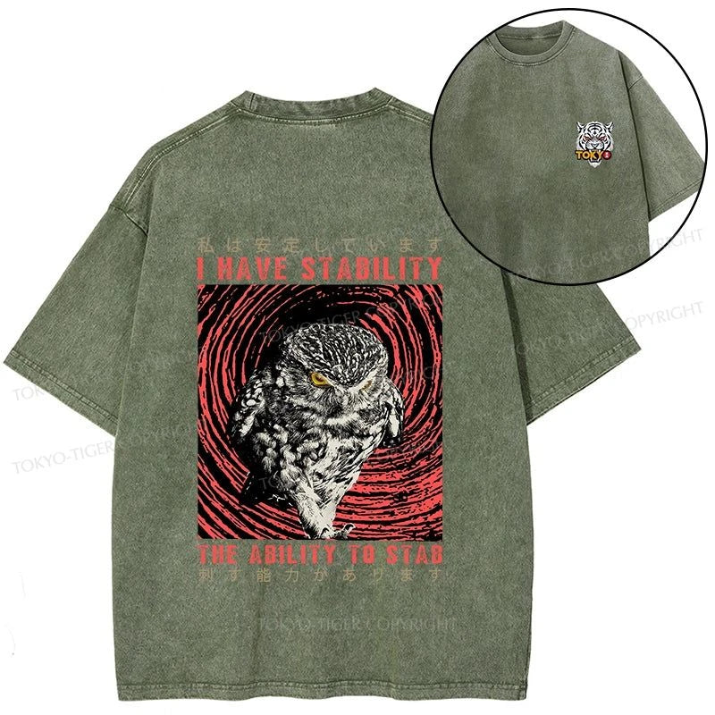 Tokyo-Tiger I Have Stability Owl Front Back Washed T-Shirt