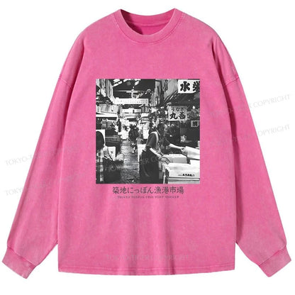 Tokyo-Tiger Tsukiji Fish Market Photo Washed Long Sleeve T-Shirt