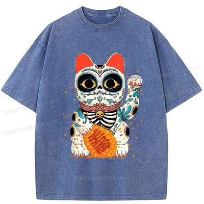 Tokyo-Tiger Skeleton Lucky Cat Washed T-Shirt