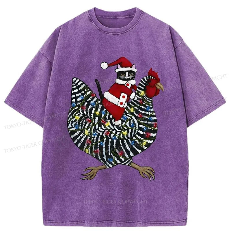 Tokyo-Tiger Christmas Cat Riding Chicken Washed T-Shirt