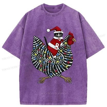 Tokyo-Tiger Christmas Cat Riding Chicken Washed T-Shirt