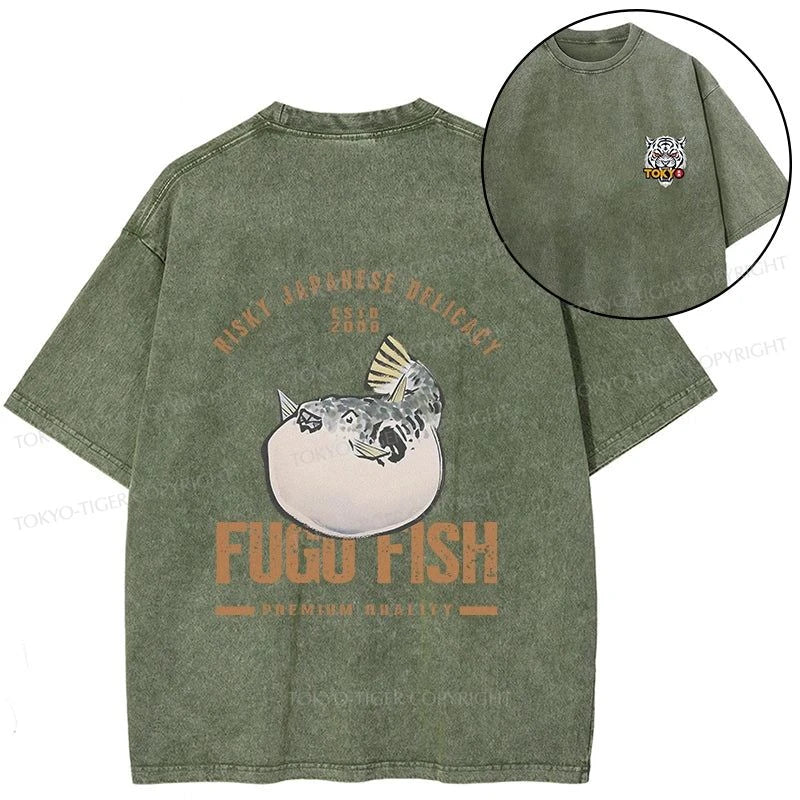 Tokyo-Tiger Fugu Fish Japanese Front Back Washed T-Shirt