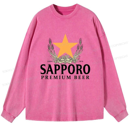 Tokyo-Tiger Sapporo Beer Logo Japanese Washed Long Sleeve T-Shirt