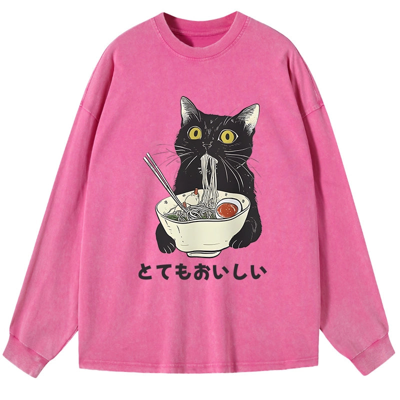 Tokyo-Tiger Cats Eat Ramen Noodles Washed Long Sleeve T-Shirt