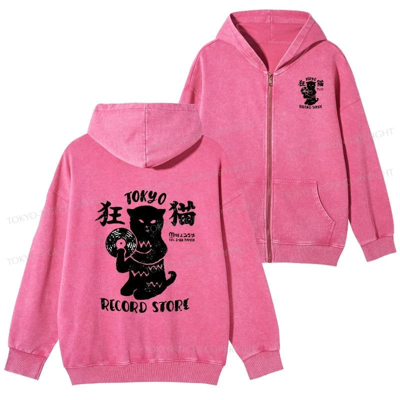 Tokyo-Tiger Tokyo Record Store Cat CD Washed Zip Hoodie