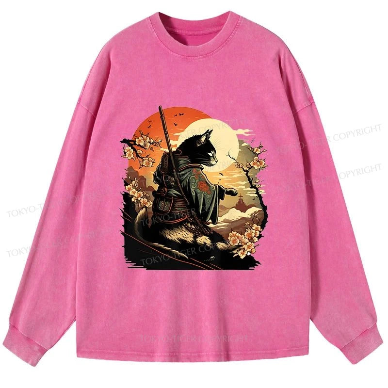 Tokyo-Tiger Cat Ninja Ukiyo-e Anime Style Samurai Washed Long Sleeve T-Shirt