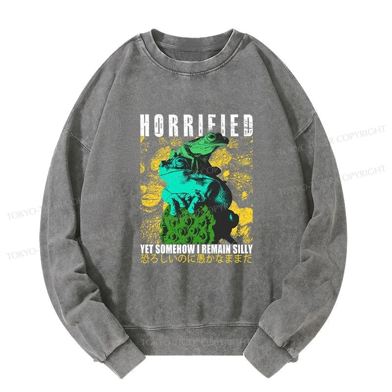 Tokyo-Tiger Horrified Two Frogs Funny Washed Sweatshirt