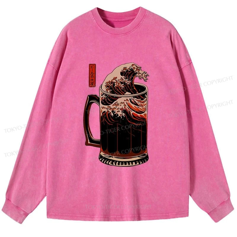 Tokyo-Tiger The Great Wave Of Beer Japanese Washed Long Sleeve T-Shirt