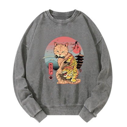 Tokyo-Tiger Katana Cat Tattoo Washed Sweatshirt