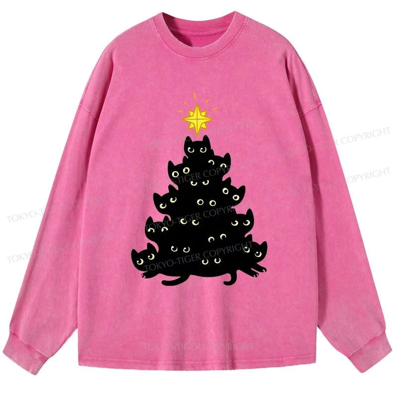 Tokyo-Tiger Black Cat Christmas Tree Washed Long Sleeve T-Shirt