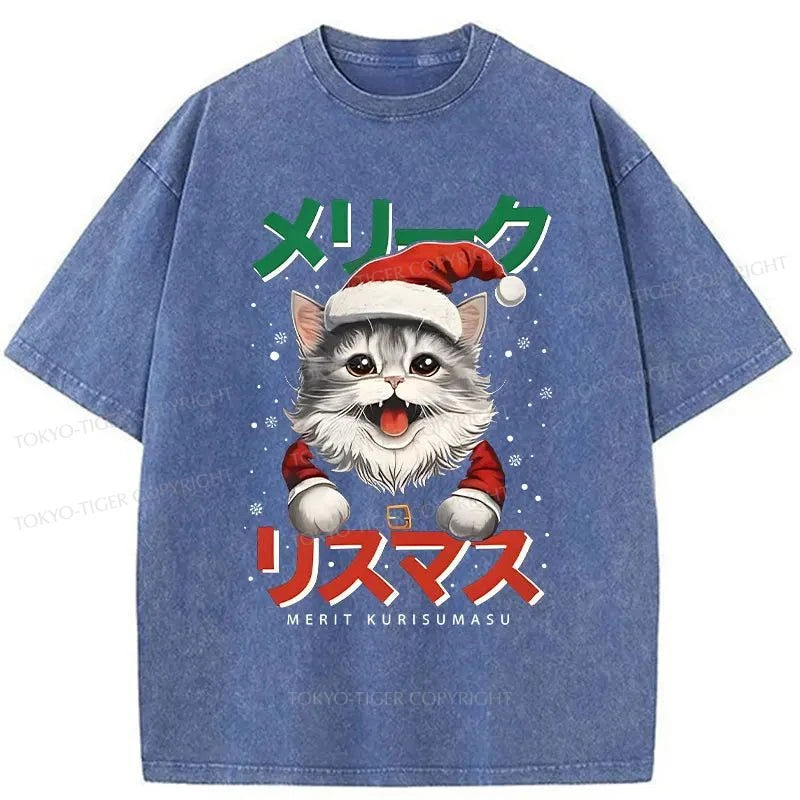 Tokyo-Tiger Cute Christmas Cat Washed T-Shirt