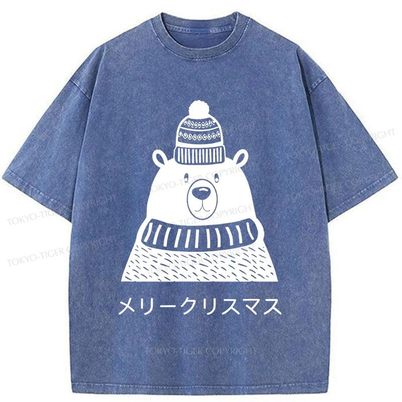 Tokyo-Tiger Cute Christmas White Bear Washed T-Shirt