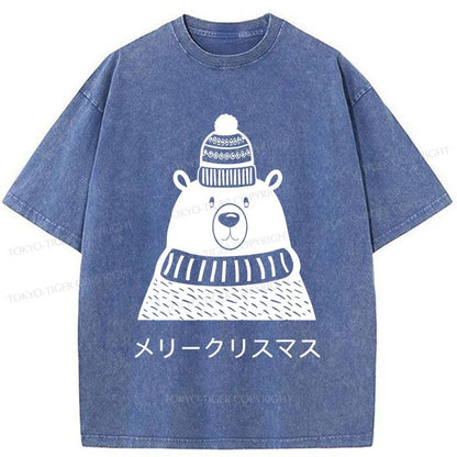 Tokyo-Tiger Cute Christmas White Bear Washed T-Shirt