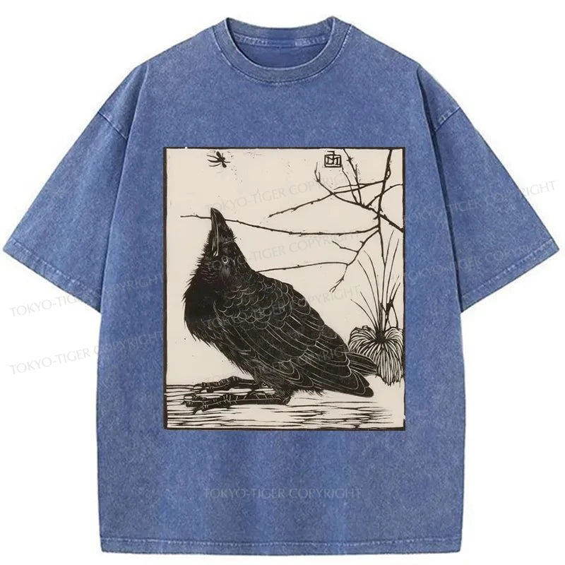 Tokyo-Tiger Crow Print Japanese Washed T-Shirt