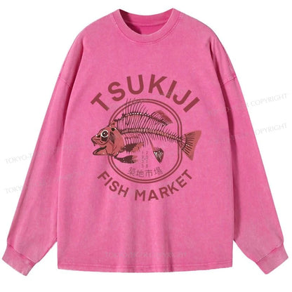 Tokyo-Tiger Tokyo Tsukiji Fish Market Vintage Japan Washed Long Sleeve T-Shirt