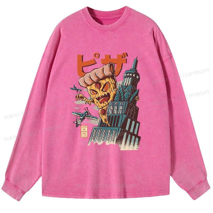 Tokyo-Tiger Great Pizza Kaiju Japanese Washed Long Sleeve T-Shirt