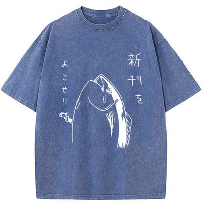 Tokyo-Tiger Japanese Fish Hold Up White Washed T-Shirt